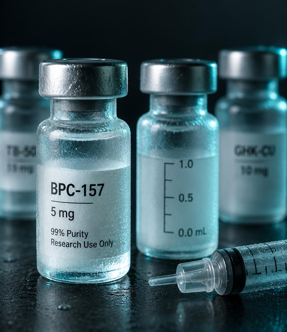 Frosted glass research peptide vials under clinical light